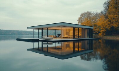 Poster - Modern, minimalist house on a lake with a reflection of the house in the water.