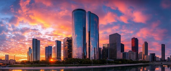 Poster - Stunning sunrise over modern city skyline with tall buildings and reflections in water.