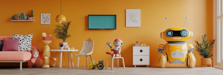 Leinwandbilder - A lively children's room features cheerful robot assistants amidst bright colors, playful toys, and inviting furniture for imaginative play. Generative AI