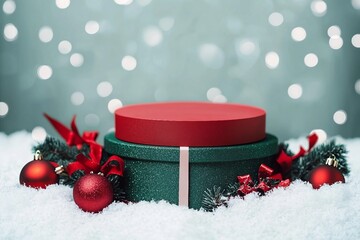 Wall Mural - Empty round gift box on blue background with bokeh. Christmas background for design. Image for montage or display your products. New Year red and green gifts in the snow. Copy space.