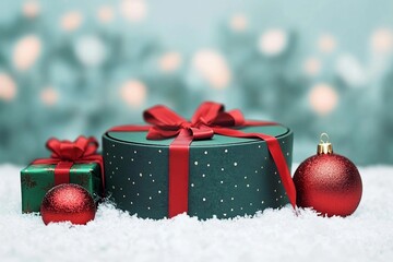 Wall Mural - Empty round gift box on blue background with bokeh. Christmas background for design. Image for montage or display your products. New Year red and green gifts in the snow. Copy space.