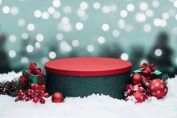 Wall Mural - Empty round gift box on blue background with bokeh. Christmas background for design. Image for montage or display your products. New Year red and green gifts in the snow. Copy space.