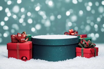 Wall Mural - Empty round gift box on blue background with bokeh. Christmas background for design. Image for montage or display your products. New Year red and green gifts in the snow. Copy space.