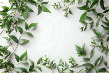 Canvas Print - Green leaves surrounding empty space on a white background. Flat lay nature-inspired frame for design with copy space