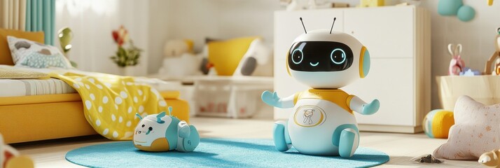 Leinwandbilder - In a bright children's room, friendly robot assistants interact playfully, surrounded by vibrant decorations and soft toys. Generative AI