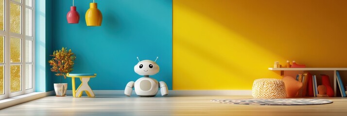 Leinwandbilder - This cheerful children's room showcases friendly robot assistants against vibrant blue and yellow walls, ideal for imaginative play. Generative AI