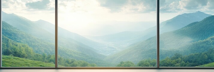 Aufkleber - The window beautifully captures a calm natural landscape of mountains and lush greenery under a clear sky, inviting tranquility into the space. Generative AI