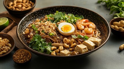 Thailand, Pad Thai, A stir-fried noodle dish with tamarind sauce, eggs, tofu, shrimp, and peanuts, often garnished with lime and fresh herbs, 16:9