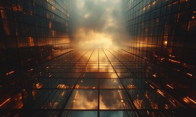 Poster - A low angle view of a futuristic city with tall glass buildings and a sunset sky visible through the gap between them.