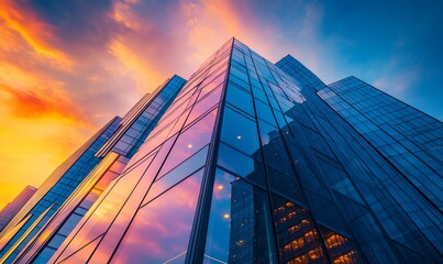 Poster - A low angle view of a modern skyscraper with a glass facade reflecting a colorful sunset sky.