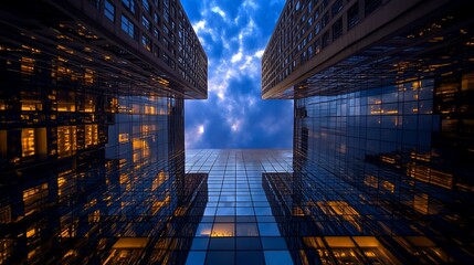 Poster - A low angle view of two tall modern buildings with glass facades and reflections of the sky and sunset.