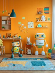 Leinwandbilder - Bright colors fill this children's room, where friendly robots add charm and fun while surrounded by engaging toys and creative decor. Generative AI