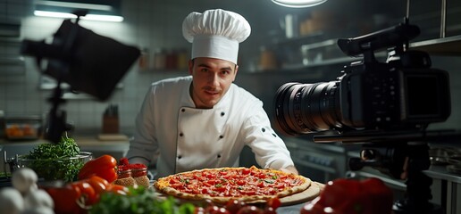 A male chef in a white uniform smiles while looking directly at the camera lens during a cooking show. He is holding a freshly baked pizza. 