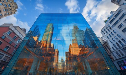 Poster - A modern glass building reflects the cityscape in its windows, creating a stunning visual effect.