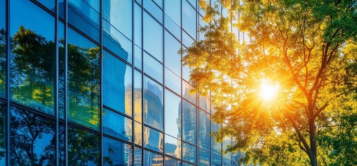 Poster - A modern glass building with a large tree in front of it, the sun shining through the leaves.