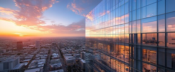 Poster - A modern glass skyscraper reflecting a sunset over a city skyline.