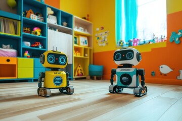 Leinwandbilder - Brightly colored room filled with toys where friendly robot assistants engage children in imaginative play and learning activities. Generative AI