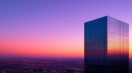 Aufkleber - A modern glass skyscraper stands tall against a vibrant pink and purple sunset sky.