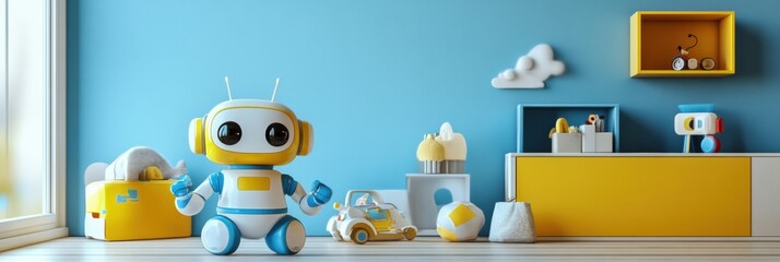 Leinwandbilder - Brightly decorated children's room filled with cheerful robot helpers playing and exploring, creating a joyful atmosphere for kids. Generative AI