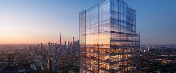 Poster - A modern glass skyscraper with a cityscape in the background at sunset.