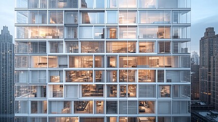 Poster - A modern glass skyscraper with numerous windows and a grid-like pattern. The building is illuminated from within, showing glimpses of the interior rooms.
