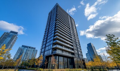 Poster - A modern high-rise apartment building with glass windows and balconies, surrounded by trees and other buildings.