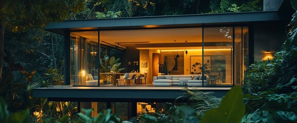 Aufkleber - A modern house with large windows overlooking a lush green forest.