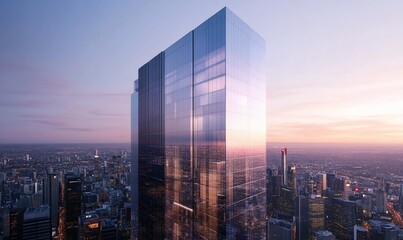 Poster - A modern skyscraper stands tall against a vibrant sunset, showcasing its sleek glass facade and reflecting the city lights below.