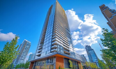 Poster - A modern skyscraper with glass facade stands tall against a bright blue sky.