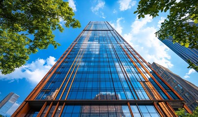 Poster - A modern skyscraper with glass windows and copper accents, framed by green trees against a blue sky.