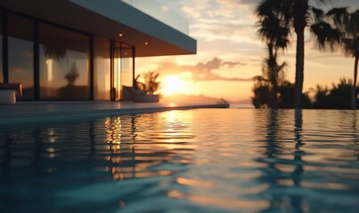 Poster - A modern villa with an infinity pool overlooking a sunset.