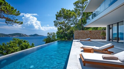 Poster - A modern villa with an infinity pool overlooking a stunning ocean view.
