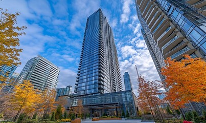 Poster - A modern, high-rise apartment building with a blue glass facade stands tall amidst a park with vibrant autumn foliage.