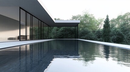 Poster - A modern, minimalist home with a large swimming pool and expansive views of a wooded area.