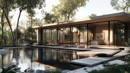 Poster - A modern, minimalist house with a large pool and surrounding lush greenery.