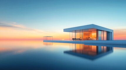 Poster - A modern, white house with a large pool overlooking the ocean at sunset.