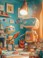 Poster - Two cheerful robots interact in a vibrant children's room filled with toys, books, and colorful decor, creating a playful atmosphere. Generative AI