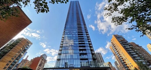 Poster - A tall glass skyscraper with a blue sky and white clouds. The skyscraper is in the center of the image and is surrounded by other buildings and trees.