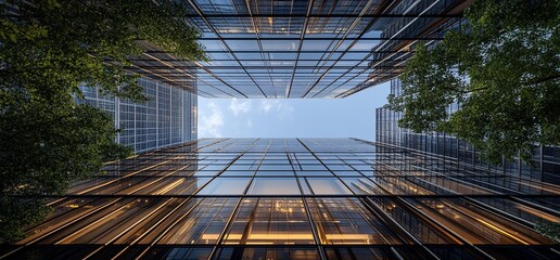 Poster - A view from below looking up at a tall glass building with some trees and blue sky.