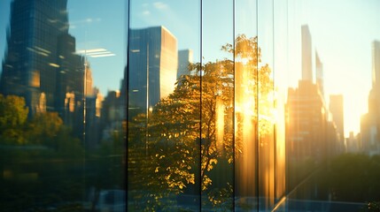 Poster - A view of a city skyline through the glass panels of a modern building, with the sun shining through the trees in the foreground, creating a warm and inviting atmosphere.