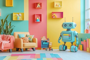 Poster - Vibrant children's room filled with colorful walls and friendly robot assistants, encouraging creativity and joyful playtime for kids. Generative AI