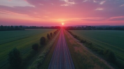 Aufkleber - Aerial view of a railroad track leading towards a vibrant sunset over a green field.
