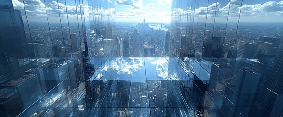 Poster - An aerial view of a city through the glass of a skyscraper.