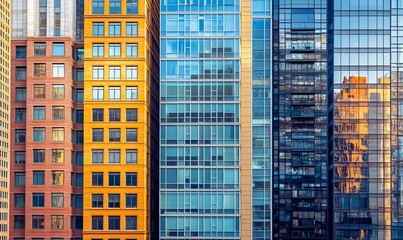Poster - Close-up view of three modern buildings with a glass facade. The building on the left is brick and the building 