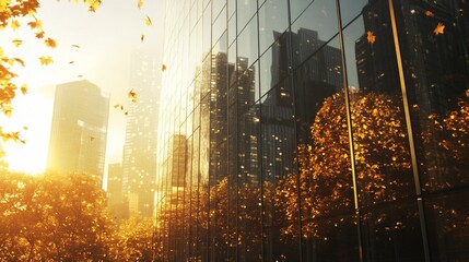 Poster - Golden leaves fall against a modern glass skyscraper in a city at sunset.