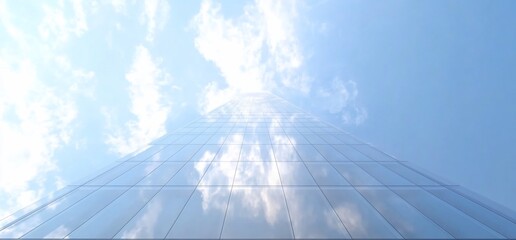 Poster - Low angle view of a glass building with a blue sky and white clouds reflected in the windows.