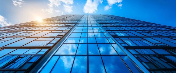 Poster - Low angle view of a modern glass skyscraper reflecting the blue sky and clouds.