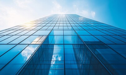 Poster - Low angle view of a modern glass skyscraper with a blue sky and clouds.