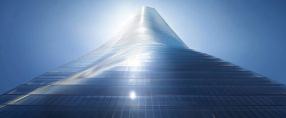Poster - Low angle view of a modern skyscraper with glass facade under a blue sky.