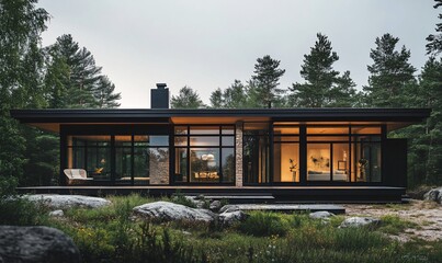 Poster - Modern black cabin with large windows overlooking a wooded area.